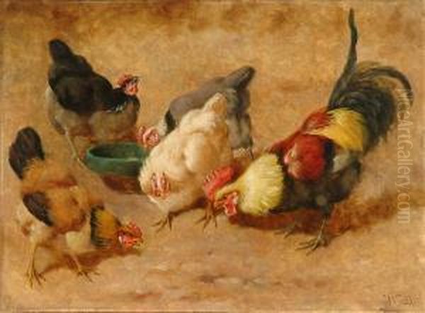 Fivechickens Oil Painting by William Baptiste Baird