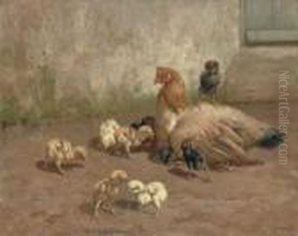 All My Own - A Hen With Her Chicks Oil Painting by William Baptiste Baird