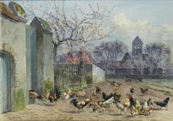 Poultry Bya Barn, A Church Beyond Oil Painting by William Baptiste Baird