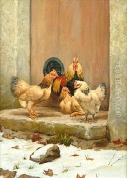 Fourchickens In Snow Oil Painting by William Baptiste Baird