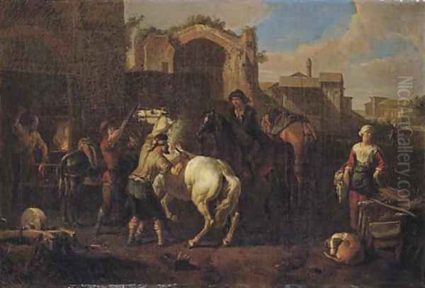 A blacksmith's forge with a blacksmith branding a horse Oil Painting by Pieter van Bloemen