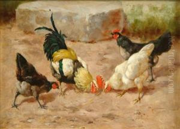 Fourchickens Feeding Oil Painting by William Baptiste Baird