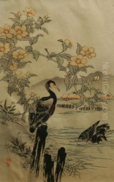 Two Cormorants Oil Painting by Kono Bairei