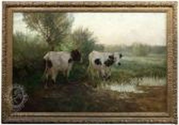 Cattle On Asummery Pasture At Waters Oil Painting by Hermann Baisch