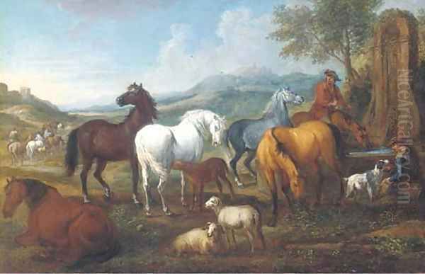 An extensive landscape with horses at a trough Oil Painting by Pieter van Bloemen