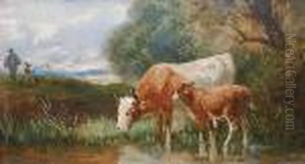 Kuh Und Kalb Am Wasser Oil Painting by Hermann Baisch