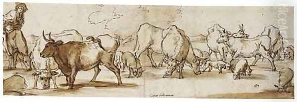 Cows and sheep grazing with a shepherd on horseback Oil Painting by Pieter van Bloemen