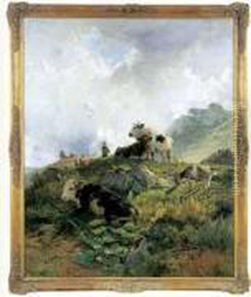 Vaches A L'herbage En Montagne, 1882-1884. Oil Painting by Hermann Baisch