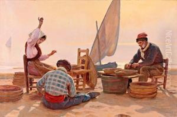 Pescadores En La Playa Oil Painting by Dionis Verdaguer Baixeras