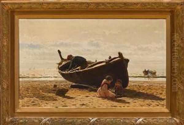 Ninos En La Playa Oil Painting by Dionis Verdaguer Baixeras