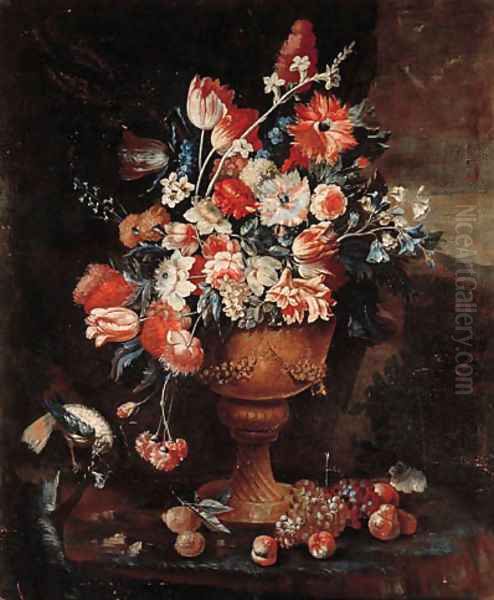 Flowers in a gilt urn with a songbird and fruit strewn on the ground in a landscape Oil Painting by Jan-baptist Bosschaert