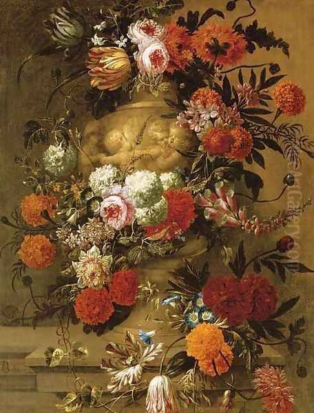 Flowers in a terracotta vase on a stone ledge Oil Painting by Jan-baptist Bosschaert