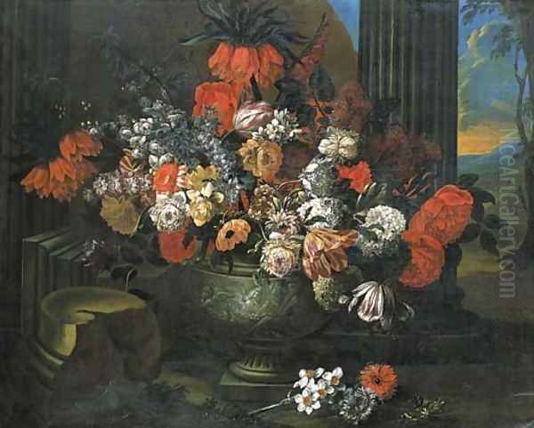 Tulips, roses, carnations and other flowers in a sculpted vase before a column, a landscape beyond Oil Painting by Jan-baptist Bosschaert