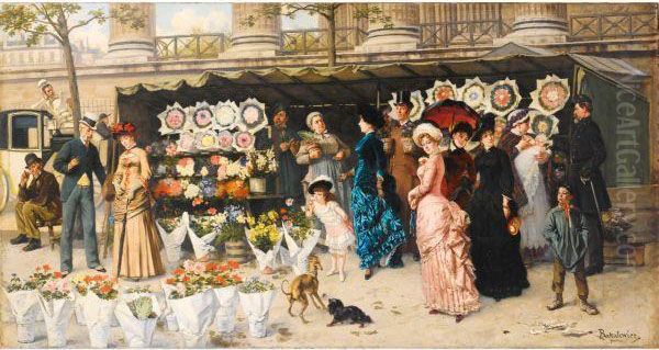 Marche Aux Fleurs A La Madeleine, Paris Oil Painting by Ladislaus Bakalowicz