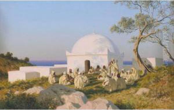 Arabs By The Mosque Oil Painting by Stefan W. Bakalowicz