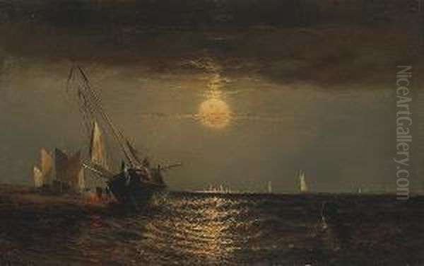 An Evening Seascape With Men Warming Themselves By A Fire Next To A Beached Vessel Oil Painting by Elisha (Taylor) Baker