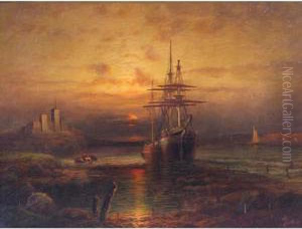 Ships In Moonlight Oil Painting by Elisha (Taylor) Baker