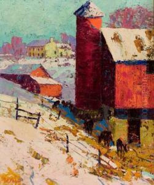 The Red Barn In Winter Oil Painting by George Herbert Baker