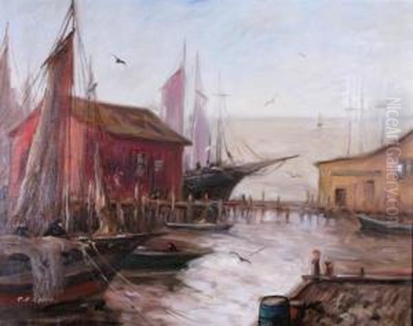 East Coast Harbor Oil Painting by George Herbert Baker