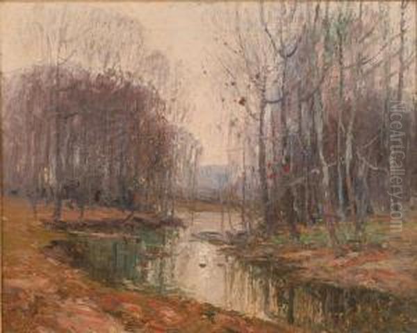 Winter Landscape With Winding Stream Oil Painting by George Herbert Baker