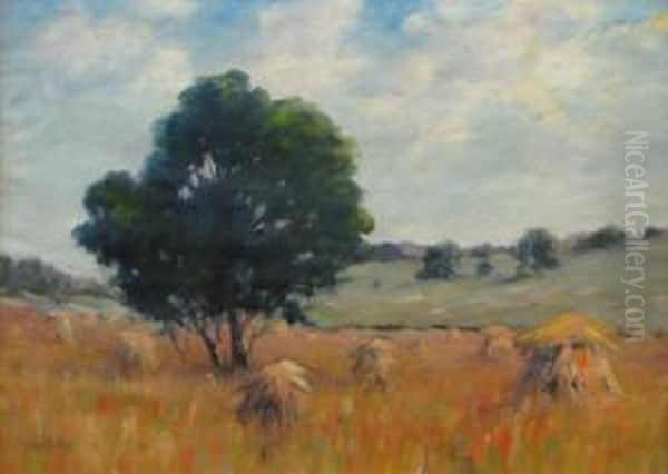 Indiana Landscape With Haystacks In Field Oil Painting by George Herbert Baker