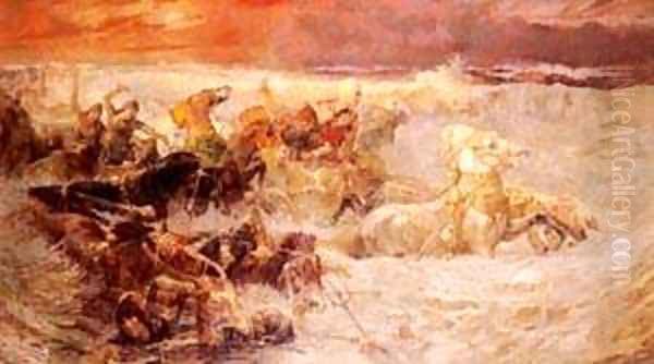 Pharaoh s Army Engulfed By The Red Oil Painting by F. A. Bridgeman