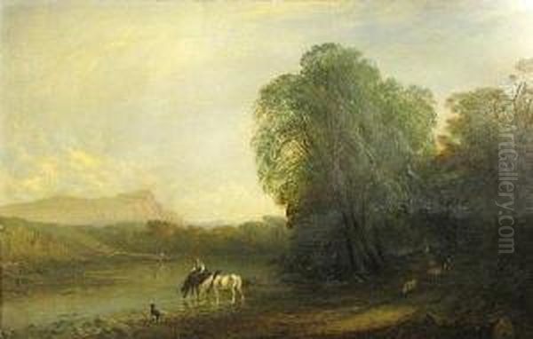 A River Landscape With A Rider Oil Painting by Thomas Baker Of Leamington