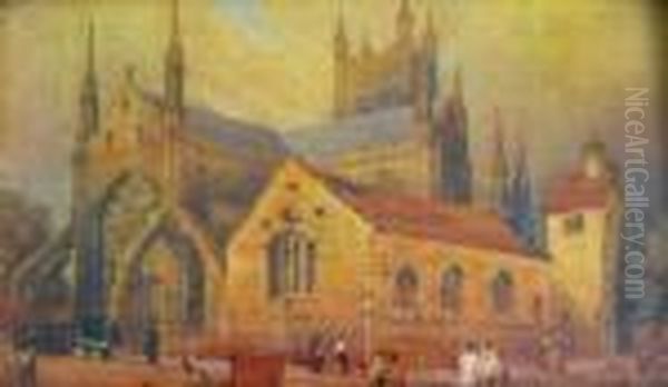 Worcester Cathedral, 4.5ins X 7.5ins Oil Painting by Thomas Baker Of Leamington