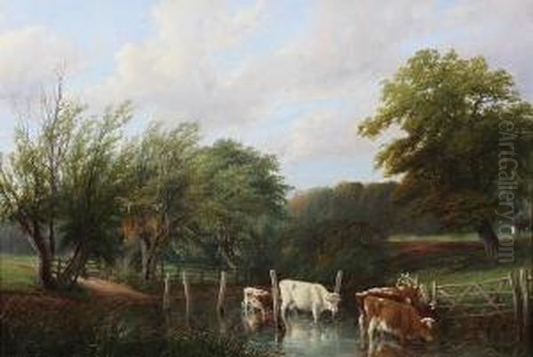 Cattle Watering At A Pond Oil Painting by Thomas Baker Of Leamington