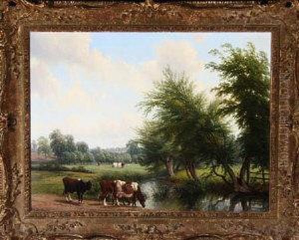 Cattle At A Riverbank In Summer Oil Painting by Thomas Baker Of Leamington