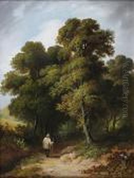 Traveller On A Country Lane Oil Painting by Thomas Baker Of Leamington