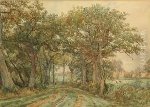 Near Guy's Cliffe, Warwickshire; Deer Park, Stoneleigh, Warwickshire (a Pair) Oil Painting by Thomas Baker Of Leamington