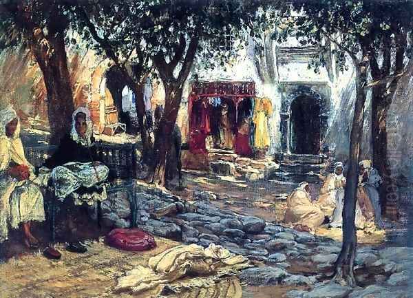 Idle Moments An Arab Courtyard Oil Painting by F. A. Bridgeman