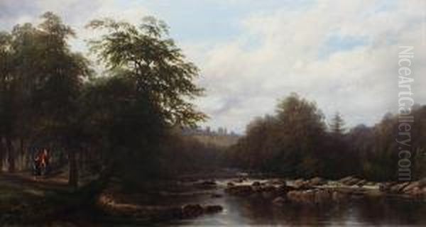 On The Usk Above Brecon Oil Painting by Thomas Baker Of Leamington