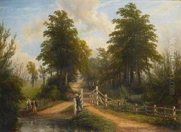 A Ford Near Princethorpe Oil Painting by Thomas Baker Of Leamington