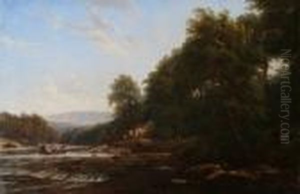 'on The Wye, Near Builth' 't. Baker, 1849', Inscribed With Title On Stretcher Oil Painting by Thomas Baker Of Leamington