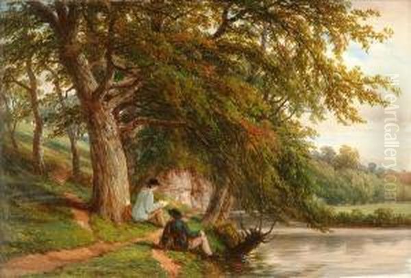 On Theavon, Fisherman On The Bank Oil Painting by Thomas Baker Of Leamington