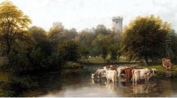 Mill Pond With Cows, Warwick Castle Beyond Oil Painting by Thomas Baker Of Leamington