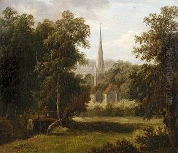 Figure On A Bridge By A Church Oil Painting by Thomas Baker Of Leamington