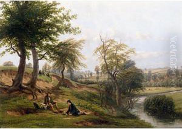 The Leam, Near Weston Mill Oil Painting by Thomas Baker Of Leamington