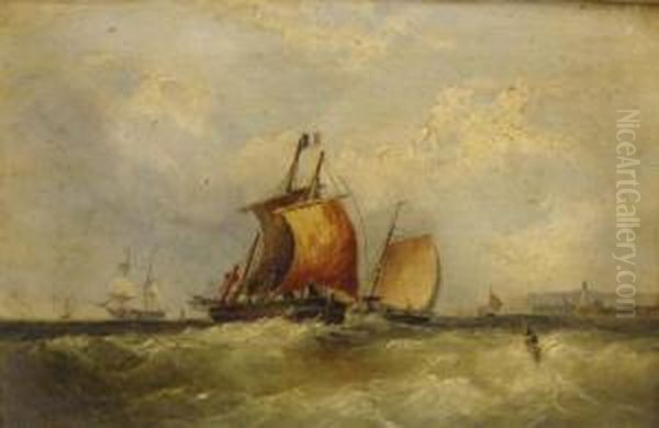 Ships On A Stormy Coastal Sea Oil Painting by Samuel Henry Baker