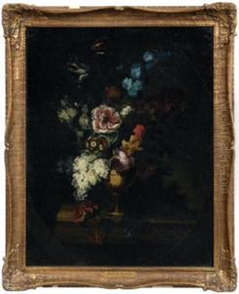 Still Life With Lilacs, Delphinium, Primrose, Tulips In An Urn On A Parapet Oil Painting by Samuel Henry Baker