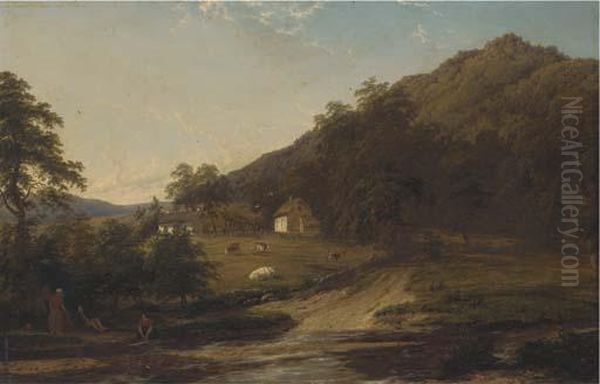 Figures By A River With Cottages Beyond Oil Painting by Thomas Baker Of Leamington