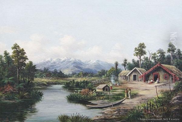 Maori Pa, Waikato Oil Painting by William George Baker