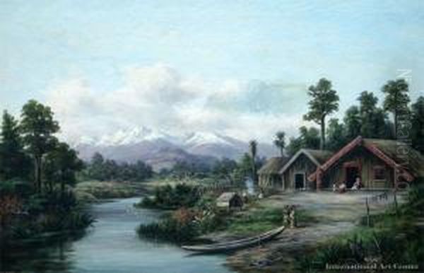 Maori Pah, Waikato Oil Painting by William George Baker