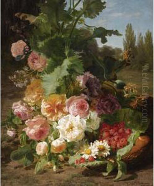 A Still Life With Roses, Daisies, Raspberries And Peaches In Alandscape Oil Painting by Geraldine Jacoba Van De Sande Bakhuyzen