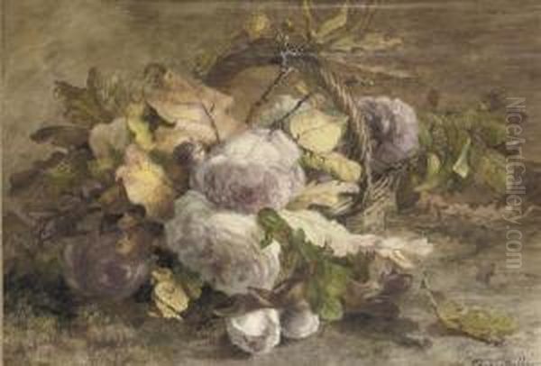 Roses In A Basket On A Forest Floor Oil Painting by Geraldine Jacoba Van De Sande Bakhuyzen