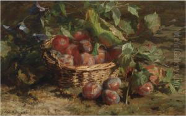 A Still Life With Plums In A Basket Oil Painting by Geraldine Jacoba Van De Sande Bakhuyzen