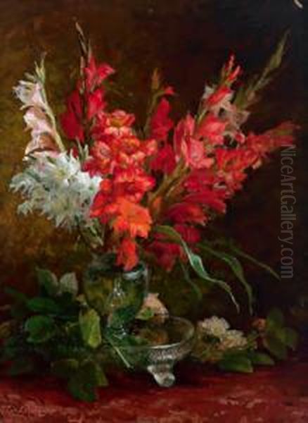 Gladioli E Rose Oil Painting by Geraldine Jacoba Van De Sande Bakhuyzen