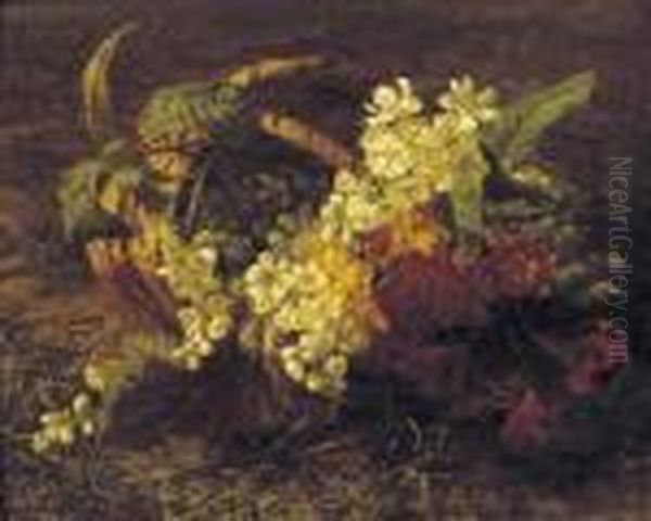 Cherryblossem And Primroses In A Basket Oil Painting by Geraldine Jacoba Van De Sande Bakhuyzen